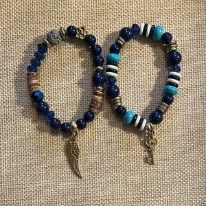 Blue Beaded Charm Bracelet Set with Wing and Key Charms